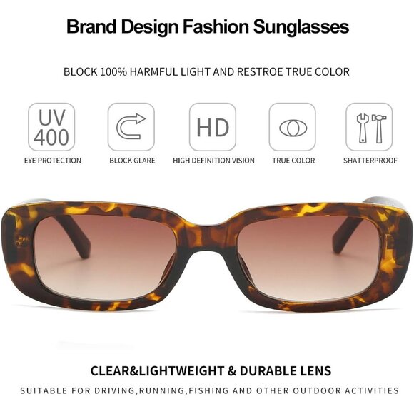 Trendy Rectangle Leopard Brown Sunglasses Women Men Retro Square Fashion Shades - Picture 2 of 6
